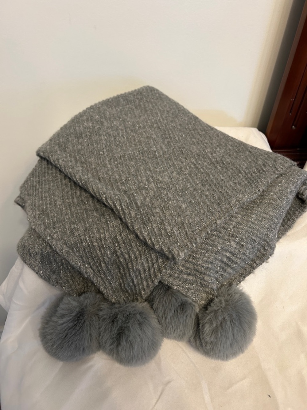 Michael Stars extra large Grey Knit Scarf/pashmina with Pom-Poms